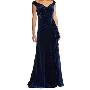 Tadashi Shoji Navy Blue Velvet off the shoulder gown size small